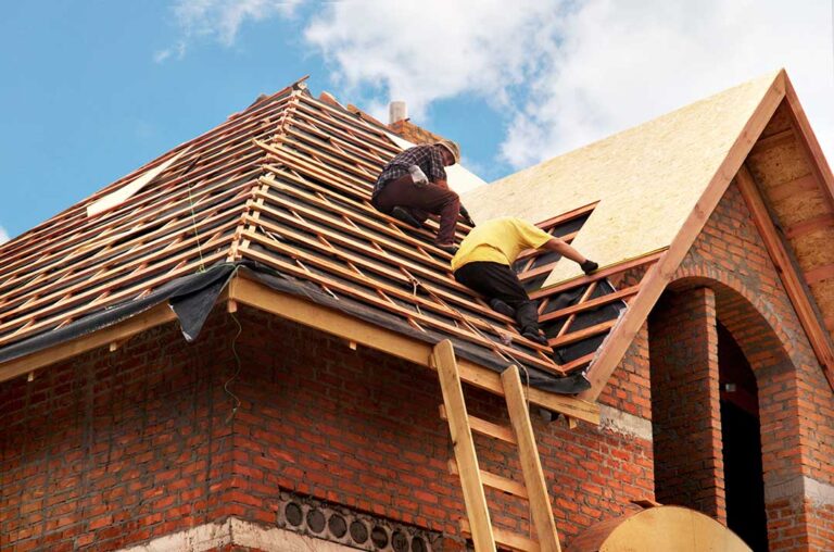 Person on a stable ladder attaching outdoor lights to a roof edge with protective clips